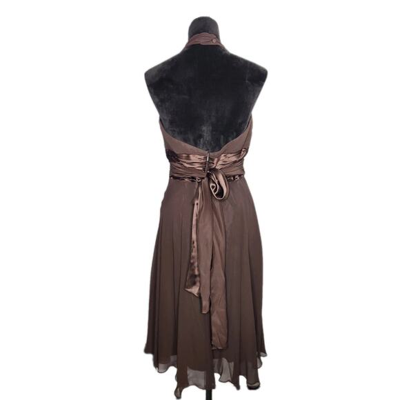 Vtg Y2k Maggy London Silk Brown Halter Neck Knee Length Formal Dress Size 10 - Picture 3 of 7
